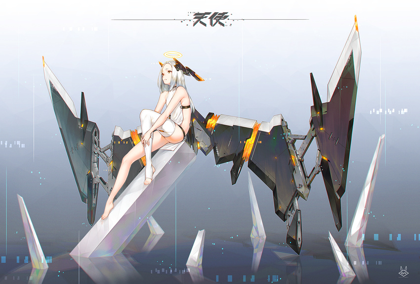 angel barefoot brown_eyes commentary forehead full_body halo headgear long_hair looking_up mecha_musume mechanical_wings original parted_lips shirousagi_uyu silver_hair single_thighhigh sitting sleeveless solo tabard thighhighs thighs toeless_legwear translated white_legwear wings