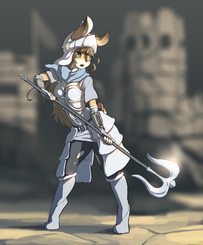 anthro armor blurred_background breasts clothed clothing dark_souls female fruitbloodmilkshake green_eyes hair hi_res holding_object holding_weapon lagomorph mammal rabbit solo standing video_games weapon