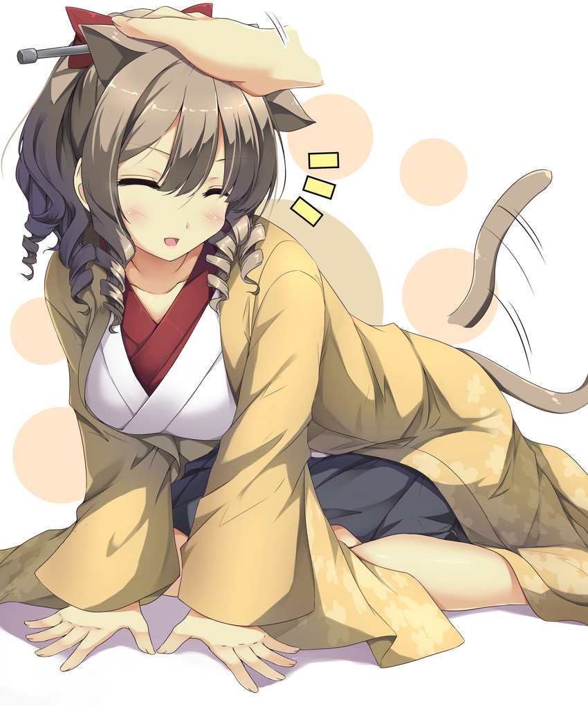 1girl :d ^_^ absurdres afterimage all_fours animal_ears blue_eyes blush bow breasts brown_hair cat_ears cat_tail closed_eyes disembodied_limb drill_hair feet_out_of_frame hair_between_eyes hair_bow hatakaze_(kantai_collection) high_ponytail highres japanese_clothes kantai_collection kemonomimi_mode kimono large_breasts motion_lines one_eye_closed open_mouth petting red_bow sheita short_ponytail smile solo_focus tail tail_wagging