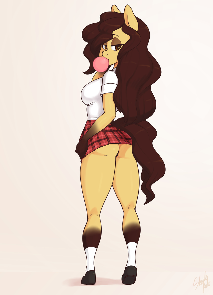 2017 anthro brown_eyes brown_hair bubble_gum butt clothing equine fan_character female hair horse looking_at_viewer looking_back mammal my_little_pony pony pose skecchiart skirt solo terra_(oc)