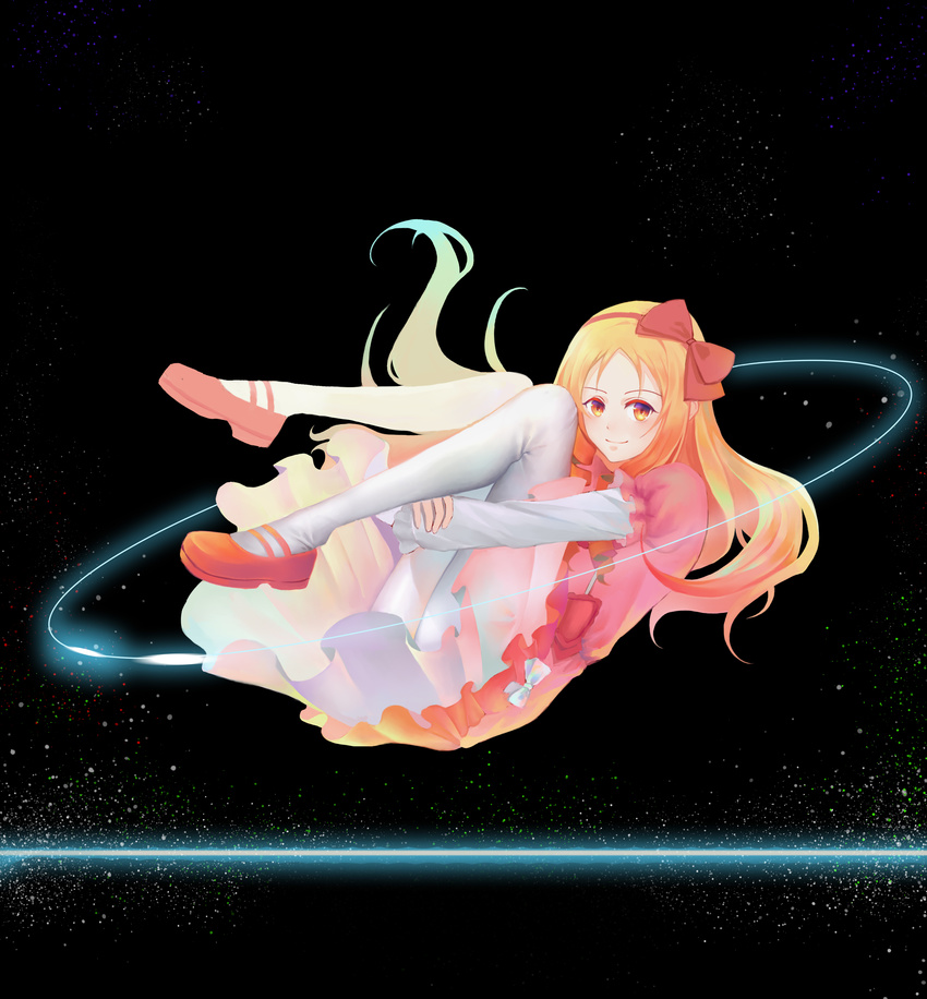 absurdres blonde_hair blush bow brown_eyes closed_mouth dress eromanga_sensei floating_hair frilled_sleeves frills from_side full_body hairband highres leg_hug long_hair mary_janes pink_dress pink_footwear pos2457564744 puffy_short_sleeves puffy_sleeves red_bow shoes short_sleeves smile solo very_long_hair white_bow white_legwear yamada_elf