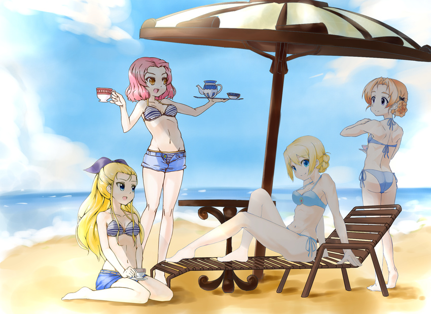 arm_support assam bangs beach beach_chair beach_umbrella bikini black_bow black_ribbon blonde_hair blue_bikini blue_eyes blue_shorts bow braid breasts brown_eyes closed_mouth cloud cloudy_sky commentary_request cup darjeeling day denim denim_shorts from_behind girls_und_panzer hair_bow hair_pulled_back hair_ribbon highres holding leaning_back legs long_hair looking_at_another looking_at_viewer lying medium_breasts multiple_girls navel ocean on_back open_mouth orange_hair orange_pekoe outdoors parted_bangs red_hair ribbon rosehip sand saucer shade shadow short_hair short_shorts shorts side-tie_bikini sitting sky smile standing striped striped_bikini swimsuit teacup thighs tied_hair toon_(noin) tray twin_braids umbrella unzipped wariza