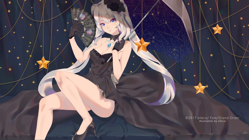 2017 artist_name bare_shoulders black_dress black_flower black_footwear black_gloves black_rose blue_eyes blush breasts constellation copyright_name curtains dress elleco english eyebrows_visible_through_hair fan fate/grand_order fate_(series) floral_print flower folding_fan gloves hair_between_eyes hair_flower hair_ornament head_tilt high_heels highres holding holding_fan holding_umbrella jewelry long_hair looking_at_viewer marie_antoinette_(fate/grand_order) medium_breasts necklace number parted_lips rose shoes sitting smile solo star strapless strapless_dress twintails umbrella very_long_hair white_hair