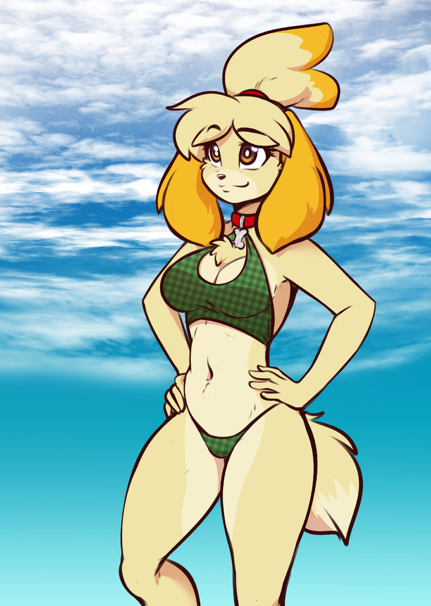 2017 absurd_res animal_crossing anthro bikini breasts brown_eyes canine chest_tuft cleavage clothed clothing collar day dog female fur hair hands_on_hips hi_res isabelle_(animal_crossing) mammal navel nintendo outside scorpdk shih_tzu sky smile solo swimsuit tuft video_games wide_hips