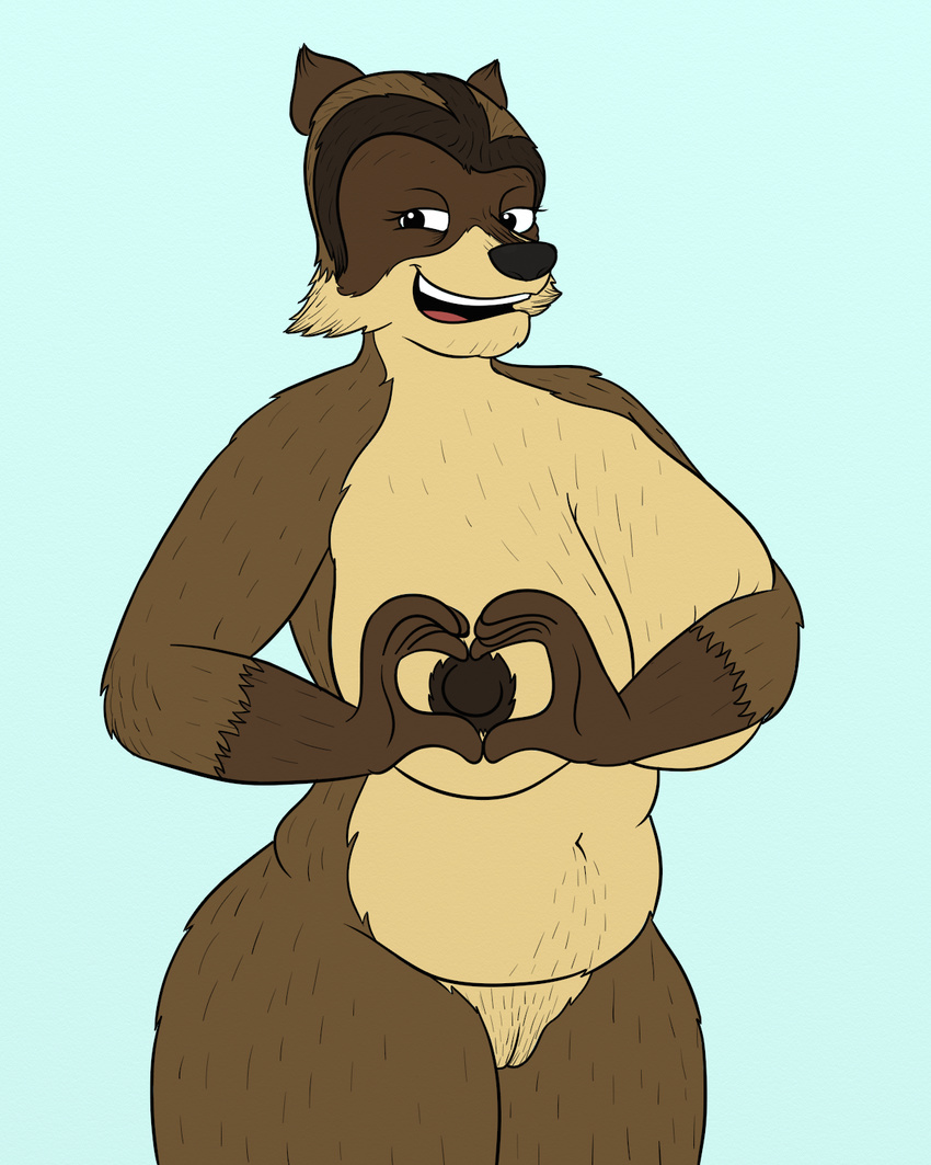 &lt;3 anthro anthrofied belly big_breasts breasts brown_fur crossgender dreamworks female fur mammal nipples over_the_hedge oystercatcher7 pussy raccoon rj_(over_the_hedge) smile solo voluptuous