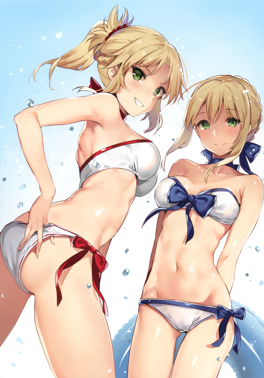 absurdres armpit_peek arms_behind_back artoria_pendragon_(all) ass ass_visible_through_thighs bandeau bangs bare_arms bare_shoulders beads bikini blonde_hair blue_bow blue_ribbon blush bow bow_bikini braid breasts collarbone cowboy_shot detexted eyebrows_visible_through_hair fate/apocrypha fate/stay_night fate_(series) french_braid from_below gradient gradient_background green_eyes grin groin hair_beads hair_ornament hair_ribbon hand_under_clothes hand_under_swimsuit highres innertube long_hair looking_at_viewer looking_down medium_breasts mordred_(fate) mordred_(fate)_(all) multiple_girls navel neck_ribbon ponytail red_bow revision ribbon saber scan side-tie_bikini smile swimsuit third-party_edit water_drop white_bikini yuran