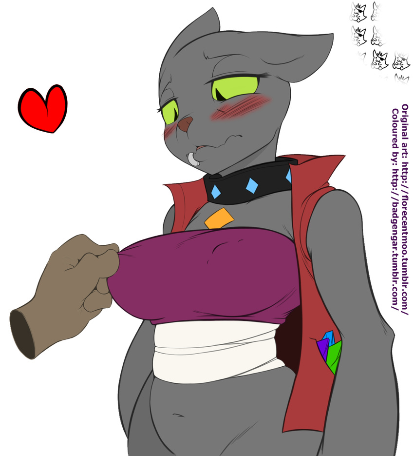 2015 alpha_channel anthro anthrofied badgengar big_breasts blush breasts canine clothed clothing collar crossgender diamond_dog_(mlp) disembodied_hand dog duo english_text erect_nipples facial_piercing female florecentmoo friendship_is_magic fur green_eyes grey_fur hi_res lip_piercing mammal my_little_pony nipple_bulge nipples piercing rover_(mlp) solo_focus standing text unseen_character