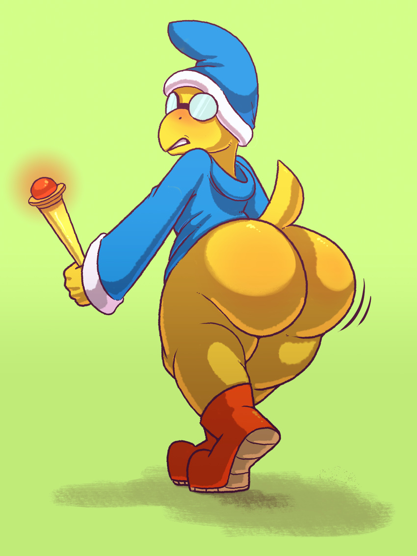 anthro big_butt blush butt clothed clothing eyewear footwear glasses glowing hat headgear kamek koopa looking_at_viewer looking_back magic_user magikoopa male mario_bros mostly_nude nintendo robe scalie shoes solo sssonic2 standing teeth thick_thighs video_games wand