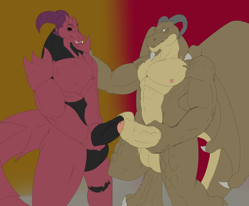 angrypotato96 anthro balls big_balls big_penis dragon duo erection foreskin_play horn humanoid_penis male male/male muscular nude penis sex standing uncut wings