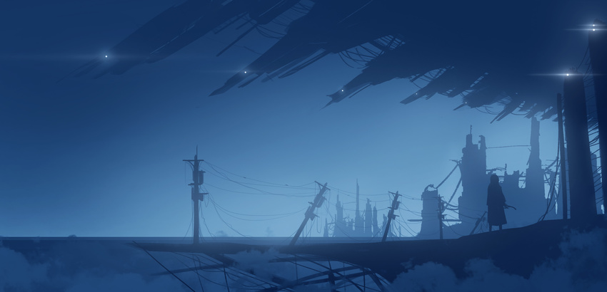 asuteroid bad_id bad_pixiv_id blue blue_sky city commentary_request dark dress highres horizon iz_(asuteroid) light original post-apocalypse scenery science_fiction silhouette sky solo standing telephone_pole very_wide_shot