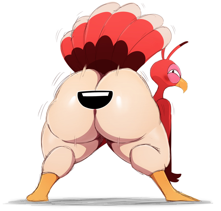 :d ambiguous_gender avian barefoot beak big_butt bird butt butt_mouth convenient_censorship feathers feral hi_res looking_at_viewer looking_back miitopia nintendo nude open_mouth presenting presenting_hindquarters smile solo spread_legs spreading squint sssonic2 standing teeth thick_thighs turkey twerkey video_games white_backgrund