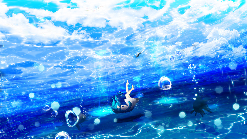 air_bubble asphyxiation bangs bare_legs barefoot blue_hair blue_sky bubble closed_eyes cloud cloudy_sky commentary_request dress drowning fish highres long_hair ocean open_mouth original reflection scenery sky submerged underwater water white_dress y_y_(ysk_ygc)