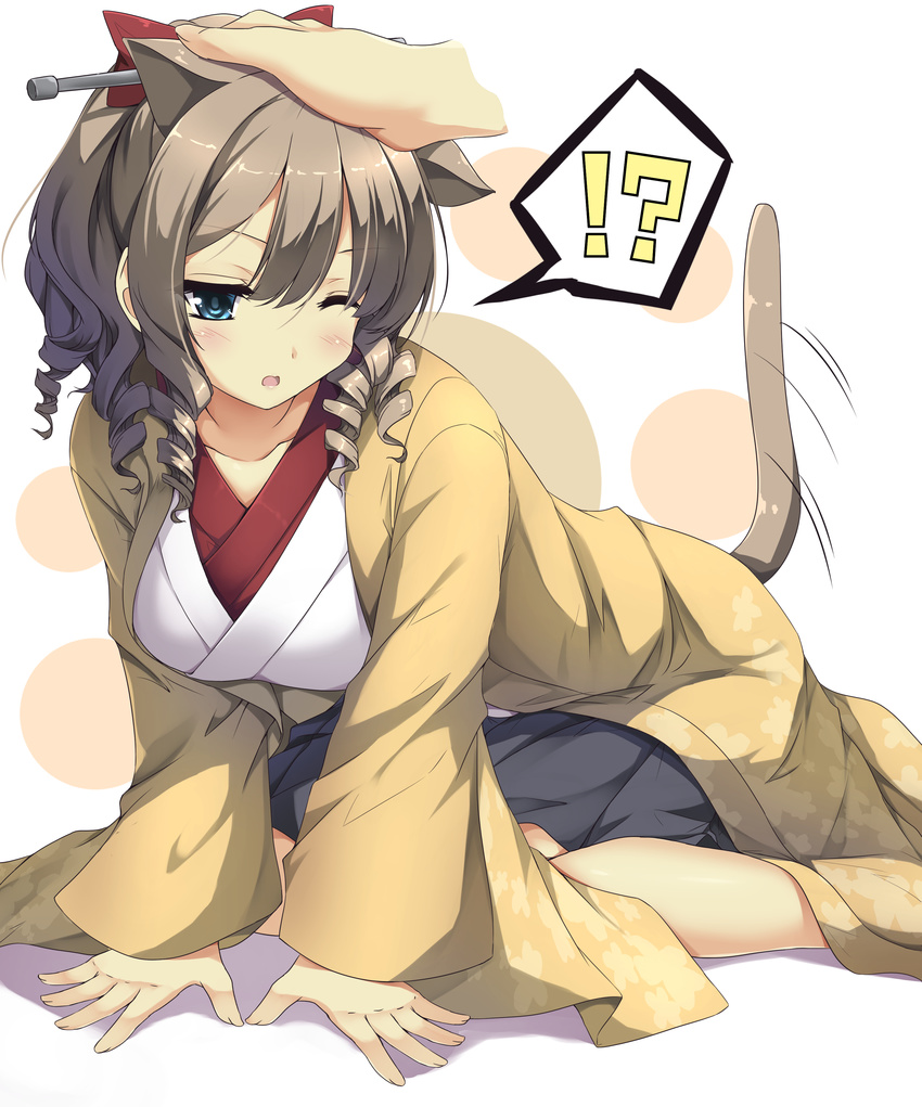 1girl 3; absurdres all_fours animal_ears blue_eyes blush bow breasts brown_hair cat_ears cat_tail disembodied_limb drill_hair feet_out_of_frame hair_between_eyes hair_bow hatakaze_(kantai_collection) high_ponytail highres japanese_clothes kantai_collection kemonomimi_mode kimono large_breasts motion_lines one_eye_closed petting red_bow sheita short_ponytail solo_focus spoken_interrobang tail