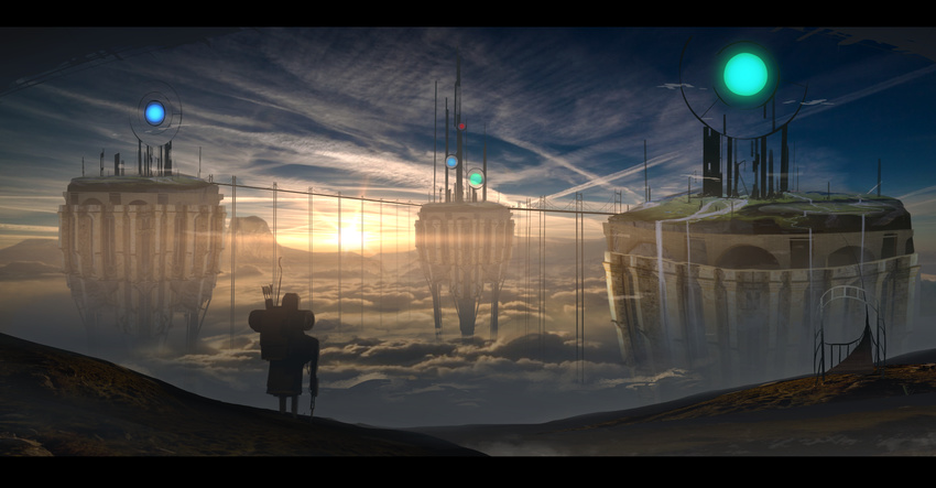 ambiguous_gender arrow asuteroid backpack bad_id bad_pixiv_id bag blue_sky bow_(weapon) bridge building cloud cloudy_sky commentary_request fantasy floating_island from_behind highres iris_(asuteroid) magic original quiver railing river scenery sky standing sunrise tent water waterfall weapon