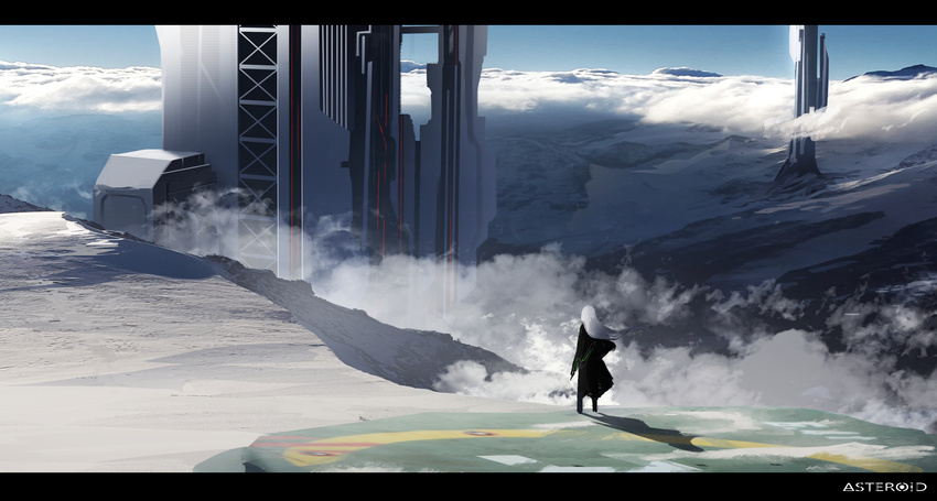 artist_name asuteroid bad_id bad_pixiv_id black_dress blue_sky building cloud commentary_request day dress fog from_behind highres iz_(asuteroid) letterboxed long_hair original scenery sky snow solo standing tower very_wide_shot