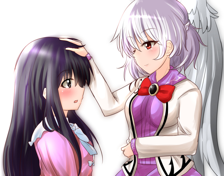 angel_wings black_hair blush bow bowtie breasts closed_mouth commentary_request dress feathered_wings from_side grey_wings houraisan_kaguya jacket kishin_sagume long_hair long_sleeves medium_breasts multiple_girls open_clothes open_jacket oshiaki parted_lips petting profile purple_dress red_bow red_eyes red_neckwear short_hair silver_hair single_wing smile touhou white_jacket wings