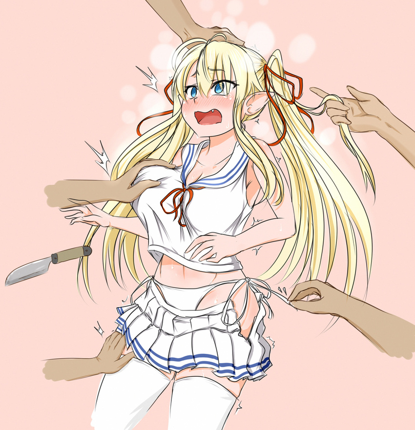 1girl @_@ assisted_exposure blonde_hair blue_eyes blush borrowed_character breast_grab breasts cleavage cowboy_shot embarrassed fang grabbing groping hair_between_eyes hair_over_one_eye hair_ribbon highres kitchen_knife knife korosu-chan_(asanagi) large_breasts long_hair midriff nose_blush open_mouth original panties petting pleated_skirt pointy_ears ribbon sailor_collar shirt side-tie_panties sidelocks simple_background skirt sleeveless sleeveless_shirt solo_focus steam sweat tears thighhighs trembling twintails underwear untying viperxtr wavy_mouth white_legwear white_panties white_shirt zettai_ryouiki