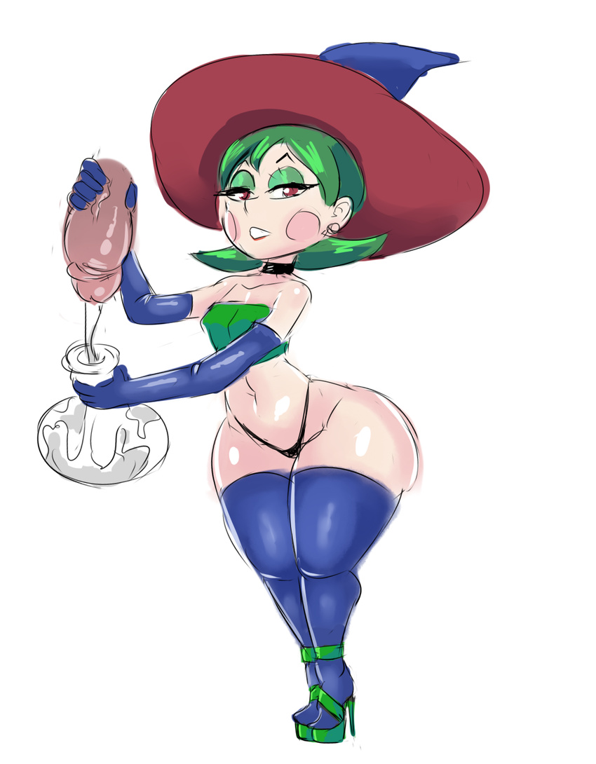 1girl character_request cum cum_in_container erozer green_hair handjob high_heels looking_at_viewer penis red_eyes the_legend_of_zelda thick_thighs tubetop wide_hips witch_hat
