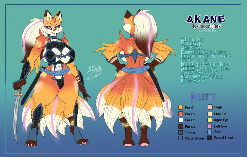 2017 akane_(candescence) anthro armor big_breasts big_butt breasts butt candescence canine clothing darkshadow777 digital_media_(artwork) dipstick_tail female fox fur gloves_(marking) heterochromia huge_breasts mammal markings melee_weapon model_sheet multi_tail multicolored_tail navel orange_fur ponytail pussy socks_(marking) solo sword thick_thighs voluptuous weapon wide_hips