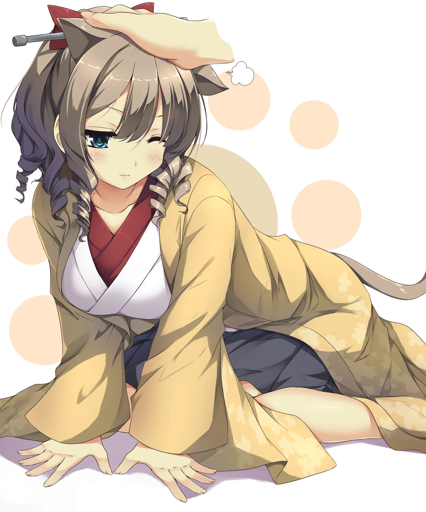 3; absurdres all_fours animal_ears blue_eyes blush bow breasts brown_hair cat_ears cat_tail disembodied_limb drill_hair feet_out_of_frame fume hair_between_eyes hair_bow hatakaze_(kantai_collection) high_ponytail highres japanese_clothes kantai_collection kemonomimi_mode kimono large_breasts one_eye_closed petting red_bow sheita short_ponytail solo_focus tail v-shaped_eyebrows