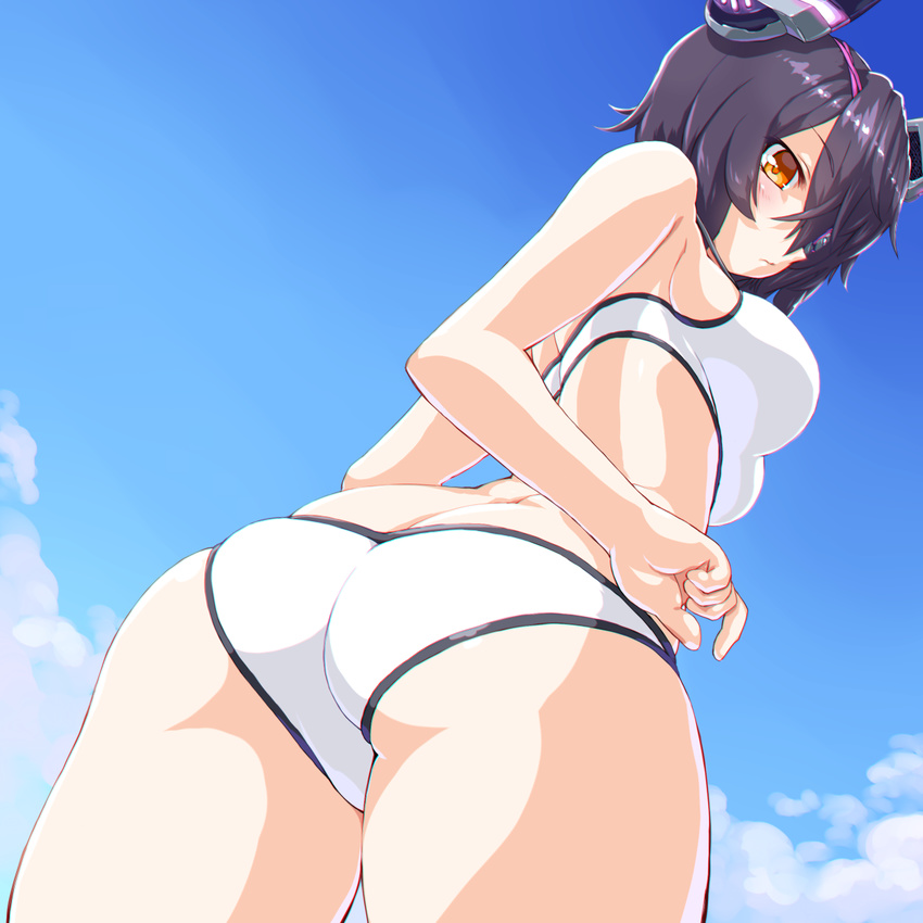 ass bikini blush breasts cloud day dd_(ijigendd) eyepatch from_behind headgear highres kantai_collection large_breasts looking_at_viewer looking_back looking_down purple_hair short_hair sky solo swimsuit tenryuu_(kantai_collection) white_bikini yellow_eyes