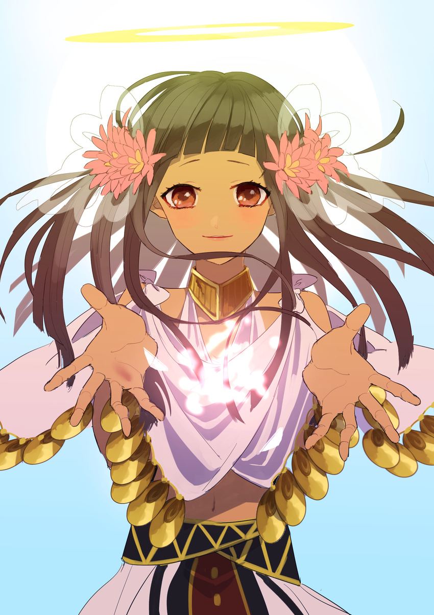 brown_hair dark_skin fate/prototype fate/prototype:_fragments_of_blue_and_silver fate_(series) flower hair_flower hair_ornament highres jewelry long_hair nao_(naoxychan) navel necklace nefertari_(fate/prototype_fragments) orange_eyes solo upper_body