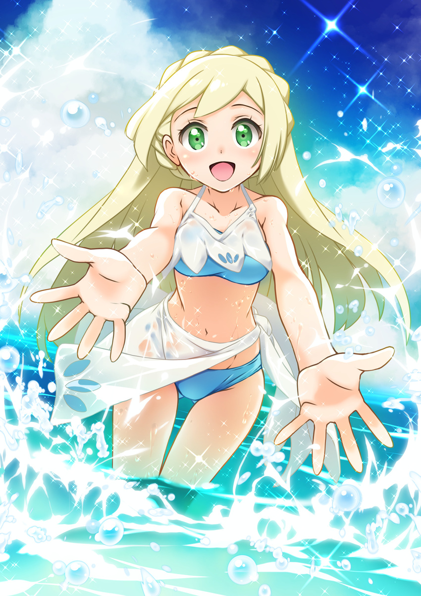 :d bare_arms beach bikini blue_bikini blue_sky braid cloud cloudy_sky day french_braid green_eyes hands highres lillie_(pokemon) long_hair looking_at_viewer navel ocean open_mouth outdoors outstretched_arms pokemon pokemon_(game) pokemon_sm pov sarong sky smile solo sparkle swimsuit wading water wet white_bikini_top