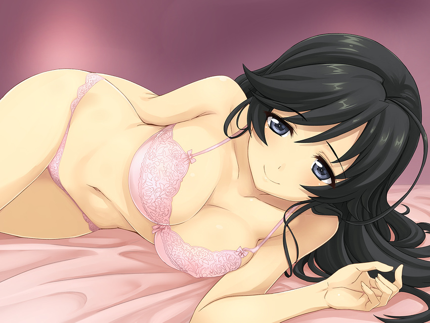 ahoge arm_behind_back bangs bed black_eyes black_hair bow bow_bra bra breasts cleavage closed_mouth collarbone eitarou_(kaminari_neko) girls_und_panzer isuzu_hana lace lace_bra lace_panties lingerie long_hair looking_at_viewer lying medium_breasts navel on_side panties pink_bra pink_panties smile solo underwear underwear_only