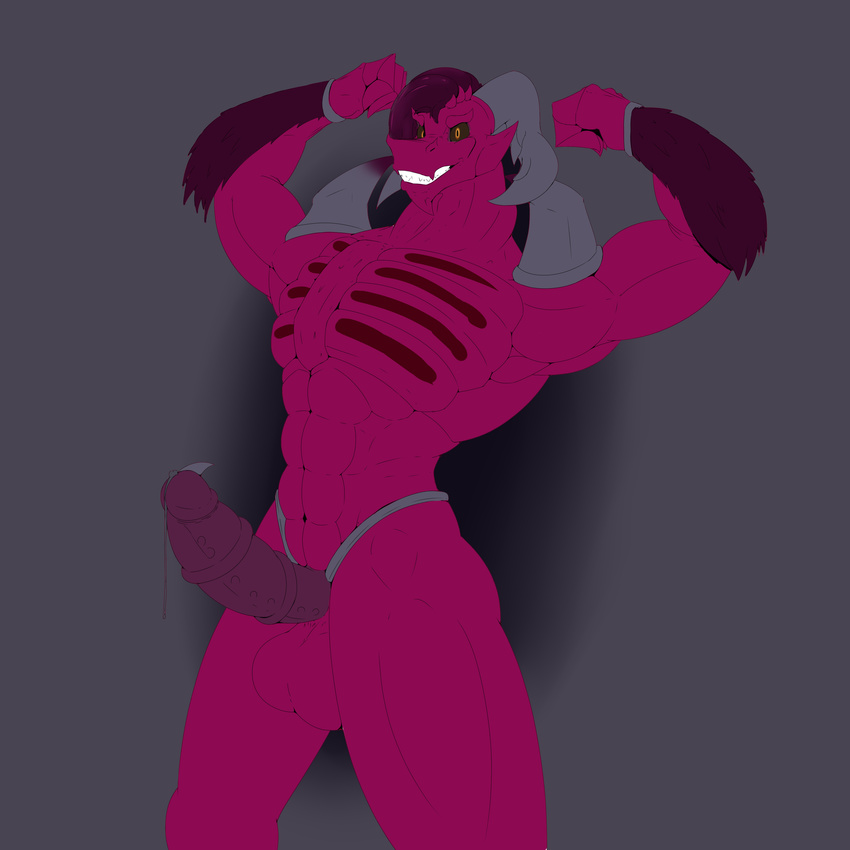 angrypotato96 anthro balls dragon erection flexing horn male medial_ring muscular nude precum smile solo standing teeth