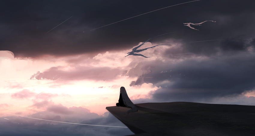 asuteroid bad_id bad_pixiv_id cliff cloud cloudy_sky commentary_request dragon flying from_behind highres iz_(asuteroid) long_hair original pink_sky scenery shooting_star sky very_long_hair very_wide_shot white_hair