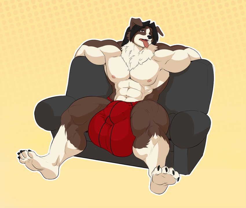 anthro boosterpang bulge canine clothed clothing hyper hyper_bulge male mammal muscular nipples solo tongue tongue_out topless underwear