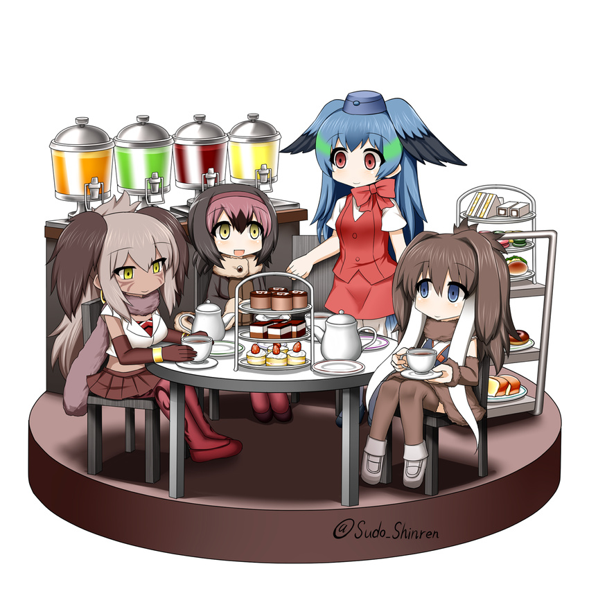 :d bangle black_footwear black_hair blue_eyes blue_hair blue_hat blush bow bracelet breasts brown_footwear brown_gloves brown_hair brown_legwear brown_scarf brown_skirt cake closed_mouth commentary_request cup dark_skin detached_sleeves dodo_(kemono_friends) doughnut elbow_gloves empty_eyes eyebrows_visible_through_hair facial_mark food full_body fur_collar fur_trim gloves green_hair hair_between_eyes hat head_wings highres holding holding_cup japari_symbol jewelry kemono_friends long_hair long_sleeves macaron mammoth_(kemono_friends) medium_breasts midriff multicolored_hair multiple_girls north_island_giant_moa_(kemono_friends) open_mouth pantyhose passenger_pigeon_(kemono_friends) pleated_skirt red_bow red_eyes red_legwear red_skirt red_vest sandwich saucer scarf serving_cart shirt shoes short_sleeves sitting skirt smile standing sudo_shinren teacup teapot tiered_tray twitter_username two-tone_hair two_side_up very_long_hair vest white_background white_footwear white_hair white_legwear white_shirt yellow_eyes