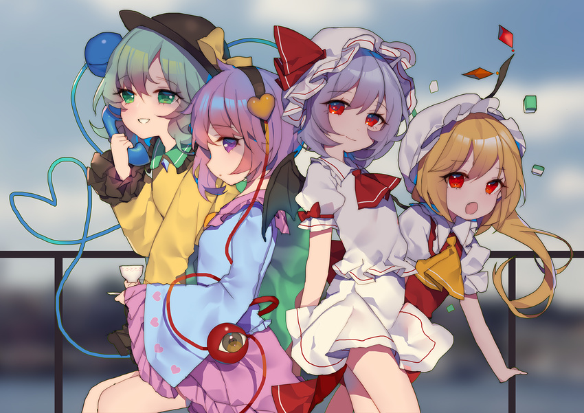 acidear ascot bare_legs bat_wings black_hat blonde_hair blue_shirt bow closed_mouth commentary_request cup day fang flandre_scarlet green_eyes green_hair hairband hat hat_bow hat_ribbon heart heart_of_string komeiji_koishi komeiji_satori long_sleeves looking_at_viewer miniskirt multiple_girls open_mouth outdoors pink_skirt puffy_short_sleeves puffy_sleeves purple_eyes purple_hair red_eyes red_ribbon red_skirt remilia_scarlet ribbon shirt short_hair short_sleeves siblings sisters skirt skirt_set smile standing teacup third_eye touhou vest white_skirt wide_sleeves wings yellow_bow