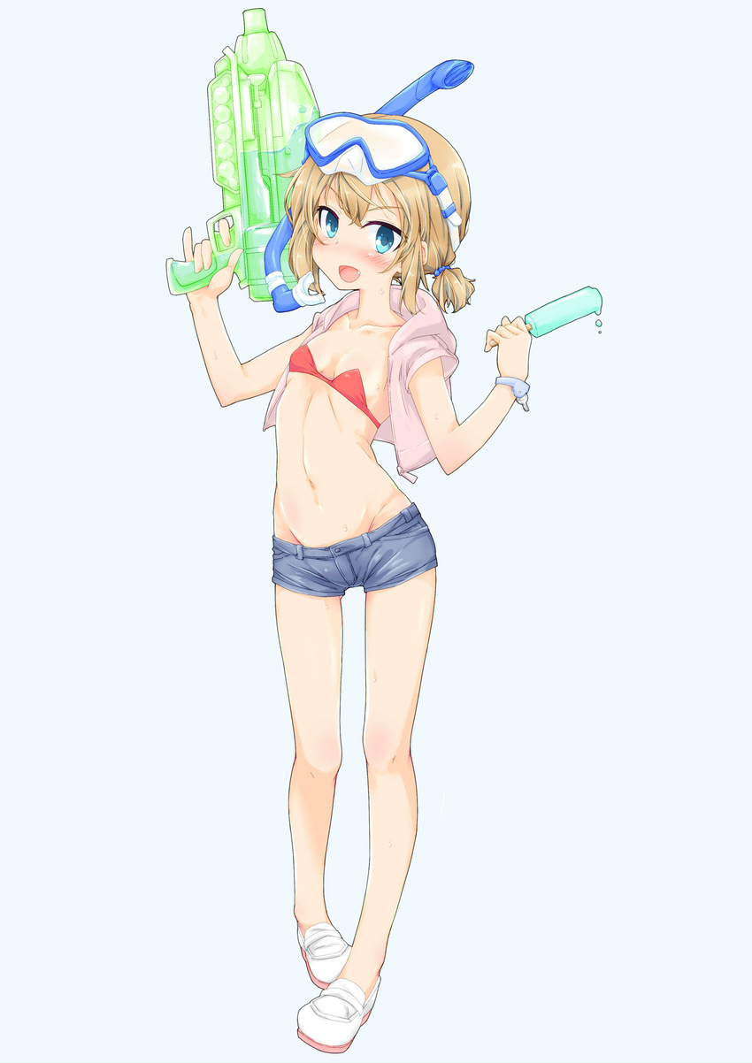 bad_id bad_pixiv_id bikini blonde_hair blue_eyes blush breasts fang food girls_und_panzer goggles goggles_on_head groin highres itou_ayachi katyusha navel open_mouth popsicle red_bikini shorts small_breasts smile solo strapless swimsuit water_gun