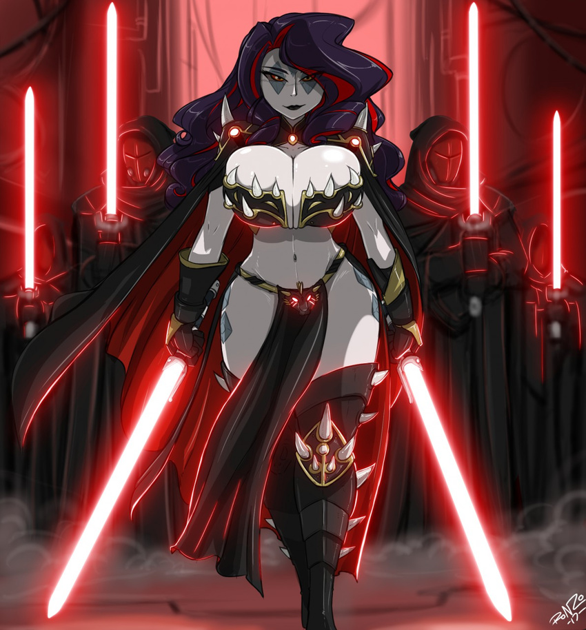 big_breasts breasts cloak clothed clothing female friendship_is_magic hair huge_breasts human lightsaber long_hair mammal midriff my_little_pony pale purple_hair rarity_(mlp) shonuff44 sith skimpy star_wars wide_hips