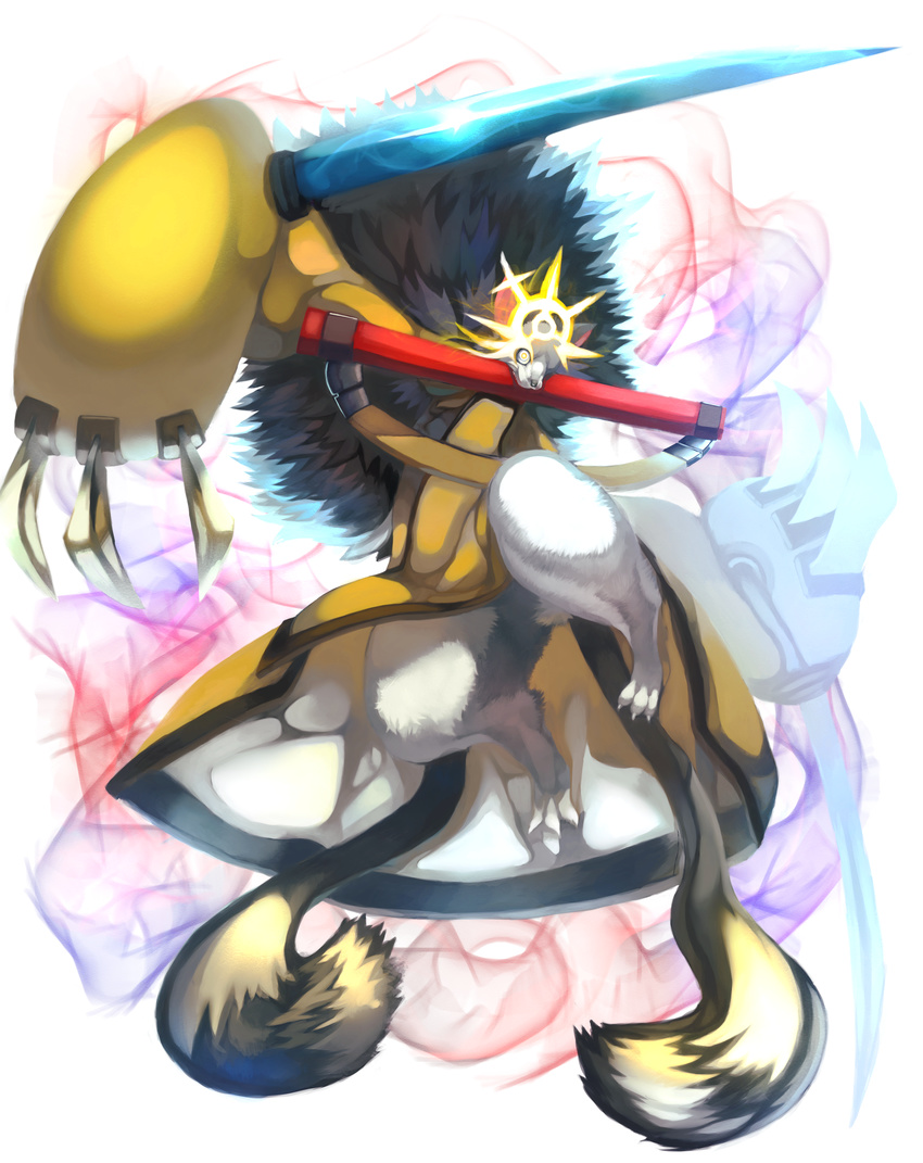 angry blazblue bottomless cat claws clothed clothing demon feet feline hair hi_res jubei male mammal melee_weapon paws pose samurai simple_background sword video_games weapon
