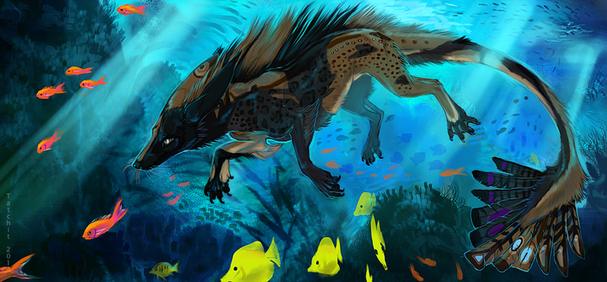 ambiguous_gender black_nose brown_fur canine claws detailed_background feral fish fox fur group hybrid mammal marine outside paws tatchit underwater water