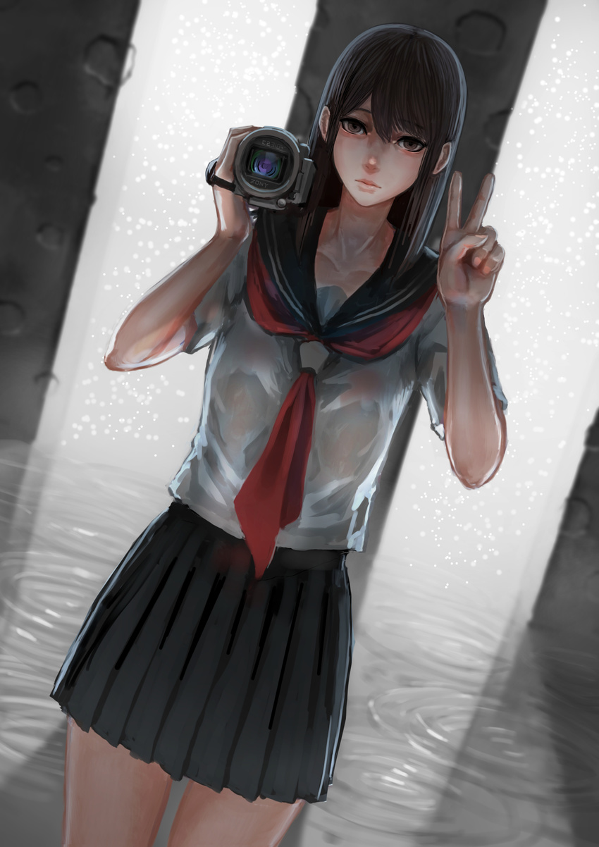 black_hair brown_eyes camera commentary highres jittsu long_hair looking_at_viewer original pleated_skirt school_uniform serafuku skirt v water