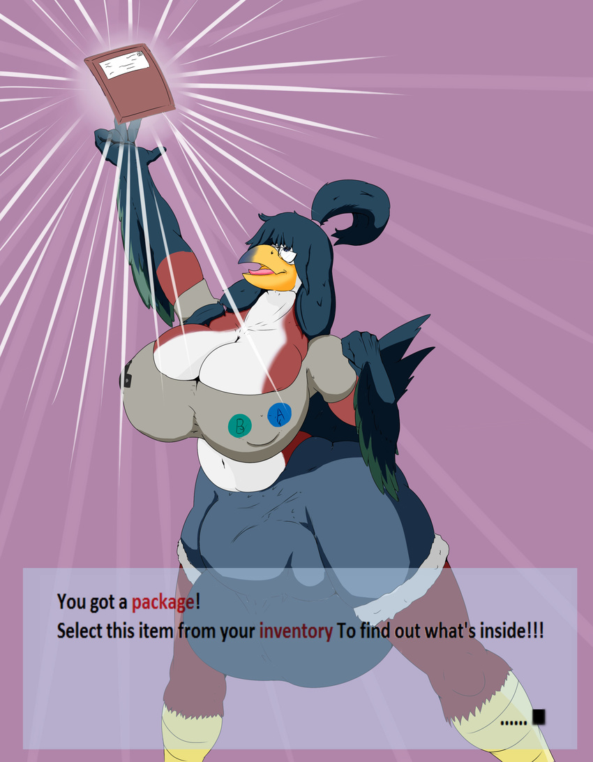 angrypotato96 anthro avian big_breasts breasts bulge clothing dickgirl english_text huge_breasts hyper hyper_bulge intersex nipple_bulge solo standing text tight_clothing
