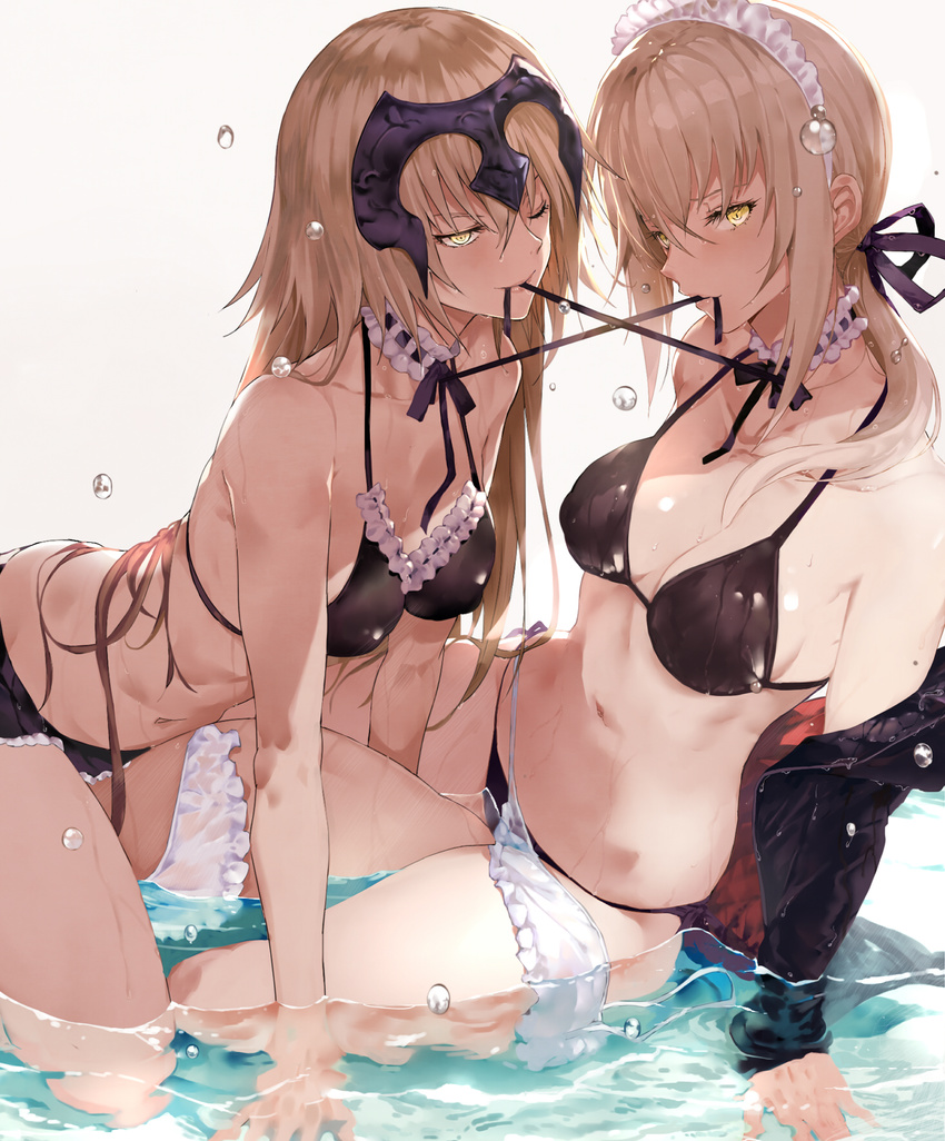 ;) all_fours apron arm_support artoria_pendragon_(all) artoria_pendragon_(swimsuit_rider_alter) bare_shoulders bikini black_bikini blonde_hair breasts choker cleavage collarbone fate/grand_order fate_(series) folded_leg hair_between_eyes hair_over_shoulder hair_ribbon halterneck headpiece highres jeanne_d'arc_(alter)_(fate) jeanne_d'arc_(fate)_(all) kneeling leaning_forward light_brown_hair long_hair low_ponytail maid_headdress medium_breasts mouth_hold multiple_girls navel off_shoulder one_eye_closed panties ponytail ribbon ribbon_in_mouth saber_alter side-tie_bikini simple_background sitting sleeves_past_wrists smile swimsuit tokopi underwear waist_apron water_drop wet yellow_eyes