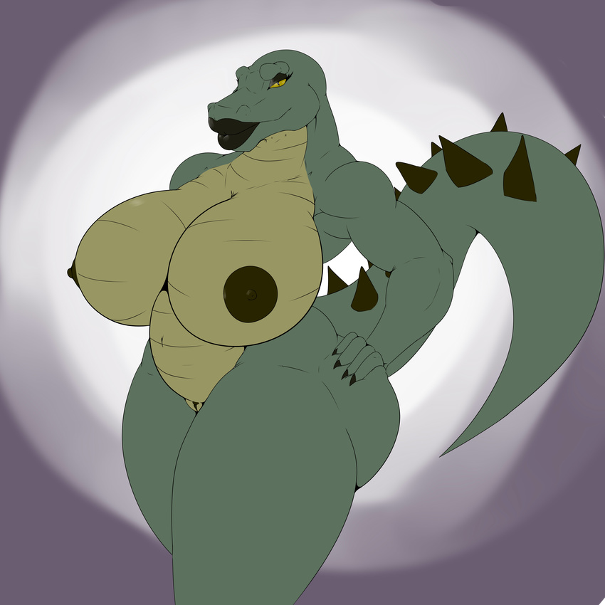 2017 alligator angrypotato96 anthro belly big_breasts breasts crocodilian female hand_on_hip hi_res navel nipples nude olivia_(character) pussy reptile scalie slightly_chubby smile solo