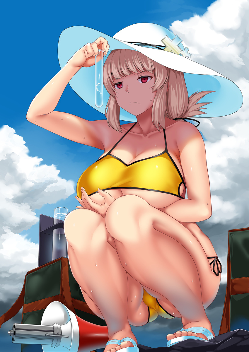 absurdres bag bangs bikini blue_sky blush breast_hold breasts chaldea_lifesavers cleavage closed_mouth cloud cloudy_sky collarbone commentary_request day eyebrows_visible_through_hair fate/grand_order fate_(series) florence_nightingale_(fate/grand_order) frown hair_ribbon half-closed_eyes hat highres hitotsuki_nebura holding jacket_on_shoulders knees large_breasts legs_together long_hair megaphone open_clothes outdoors pink_hair red_eyes revision ribbon sandals short_sleeves shoulder_bag side-tie_bikini sidelocks sky solo squatting sun_hat sweat swimsuit test_tube thighs tsurime underboob yellow_bikini