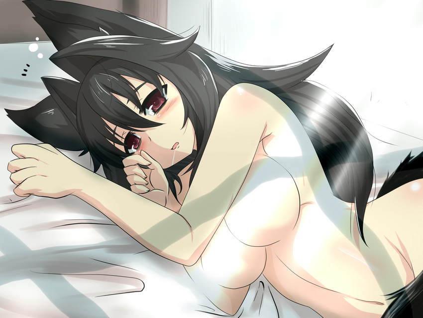 animal_ears bed black_hair breasts cleavage drooling goma_(gomasamune) hair_between_eyes highres large_breasts light_censor long_hair lying navel nude on_side original red_eyes solo tail very_long_hair