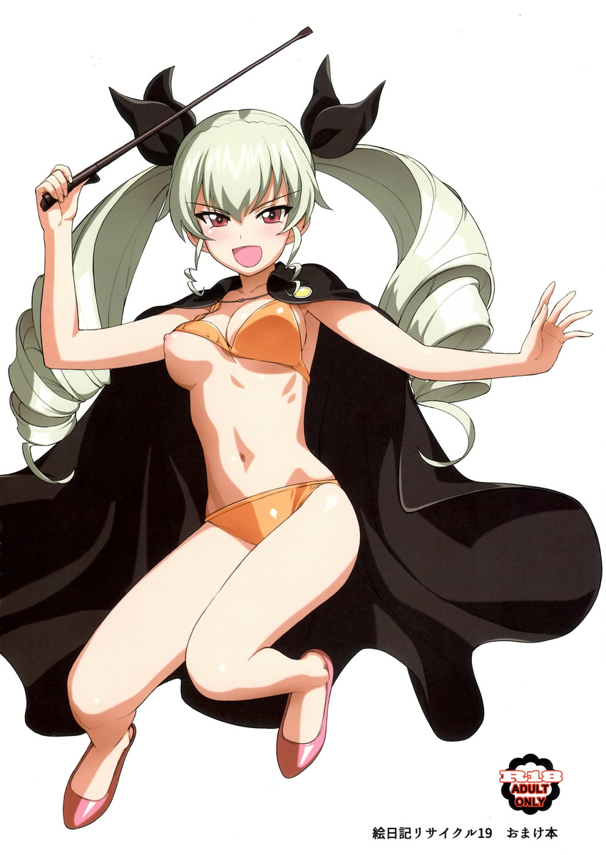 a1 absurdres anchovy bikini bikini_lift black_ribbon blush breasts cape drill_hair eyebrows_visible_through_hair full_body girls_und_panzer green_hair hair_ornament hair_ribbon high_heels highres holding large_breasts long_hair looking_at_viewer navel nipple_slip nipples non-web_source open_mouth orange_bikini pink_footwear rating red_eyes ribbon riding_crop shoes simple_background smile solo swimsuit swimwear twin_drills twintails wardrobe_malfunction white_background