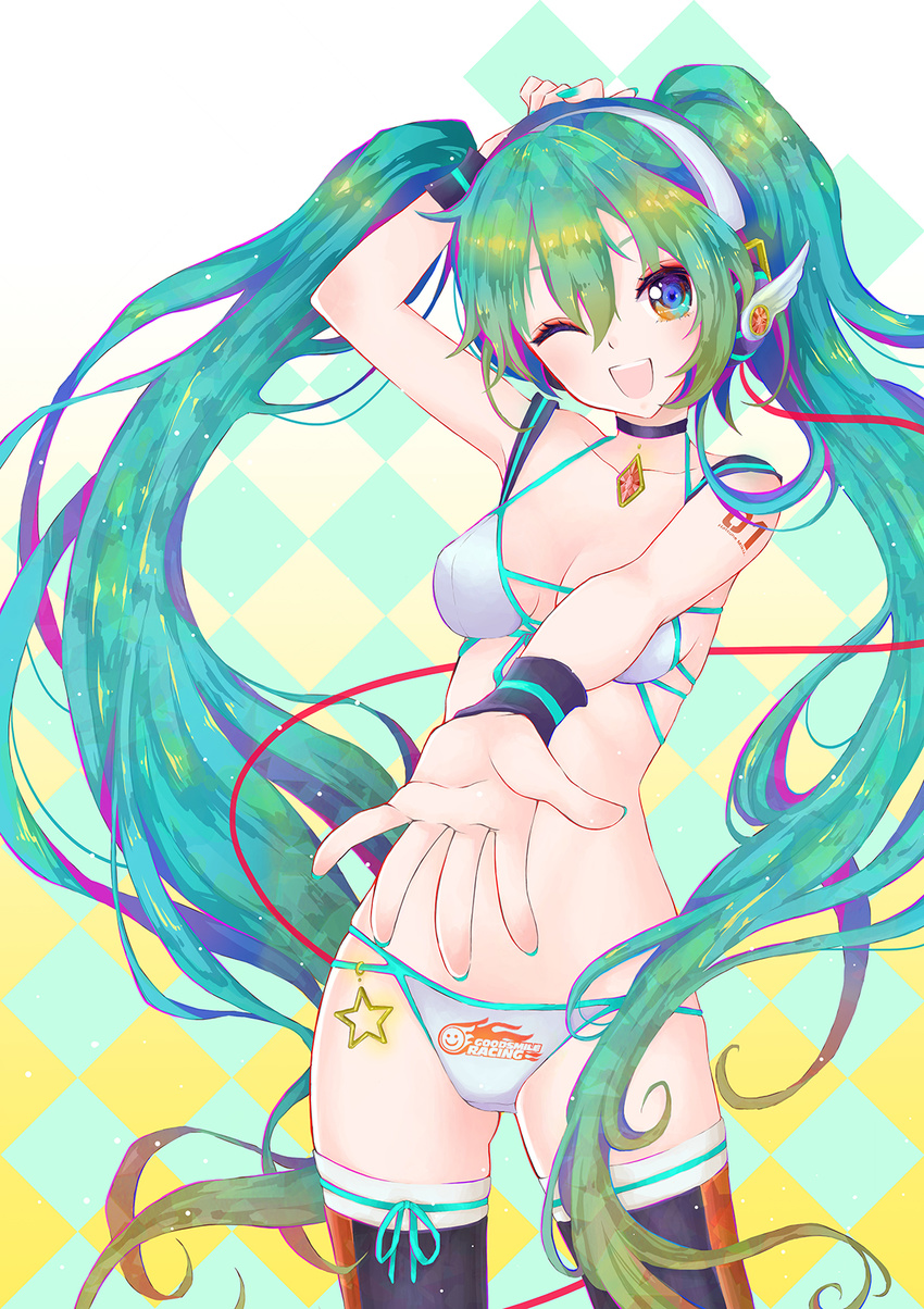 ;d arm_up bikini checkered checkered_background choker goodsmile_company goodsmile_racing green_eyes green_hair hair_between_eyes hatsune_miku headphones highres jewelry long_hair nail_polish one_eye_closed open_mouth outstretched_arm pendant race_queen racing_miku smile solo star swimsuit tattoo thighhighs twintails very_long_hair vocaloid white_bikini xenxen