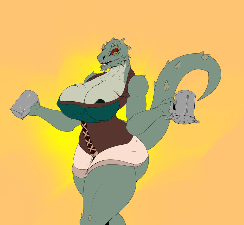 angrypotato96 anthro big_breasts breasts clothed clothing cup female looking_at_viewer nipples scalie solo standing thick_thighs wide_hips