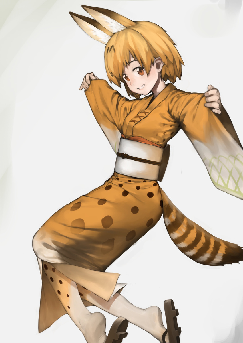 absurdres animal_ears brown_eyes commentary extra_ears geta grin highres japanese_clothes kemono_friends kimono looking_at_viewer obi ponderogen print_legwear sash serval_(kemono_friends) serval_ears serval_print serval_tail short_hair smile solo striped_tail tail wide_sleeves