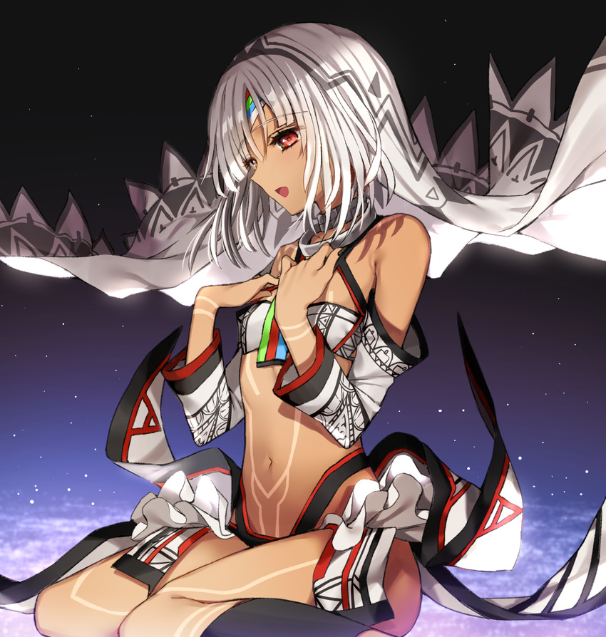 altera_(fate) bad_id bad_pixiv_id bandeau bangs bare_shoulders bikini black_bikini_bottom black_nails blunt_bangs breasts cape choker collarbone dark_skin detached_sleeves eyebrows_visible_through_hair eyelashes fate/extella fate/extra fate/grand_order fate_(series) fingernails frilled_skirt frills from_side full_body_tattoo gambe grey_hair groin hair_between_eyes hands_on_own_chest hands_up headpiece highres layered_skirt long_fingernails midriff mismatched_bikini nail_polish navel open_mouth red_eyes revealing_clothes short_hair showgirl_skirt sideways_mouth sitting skirt small_breasts solo swimsuit tattoo underwear veil waist_cape wariza weapon white_bikini_top white_hair white_skirt