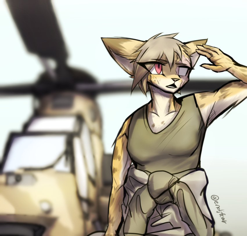 2018 aircraft blind_eye blurred_background breasts brown_fur chloe_(hunglee) clothed clothing feline female fur hi_res hunglee leopard looking_away mammal open_mouth outside red_eyes scar shirt solo tan_fur tank_top
