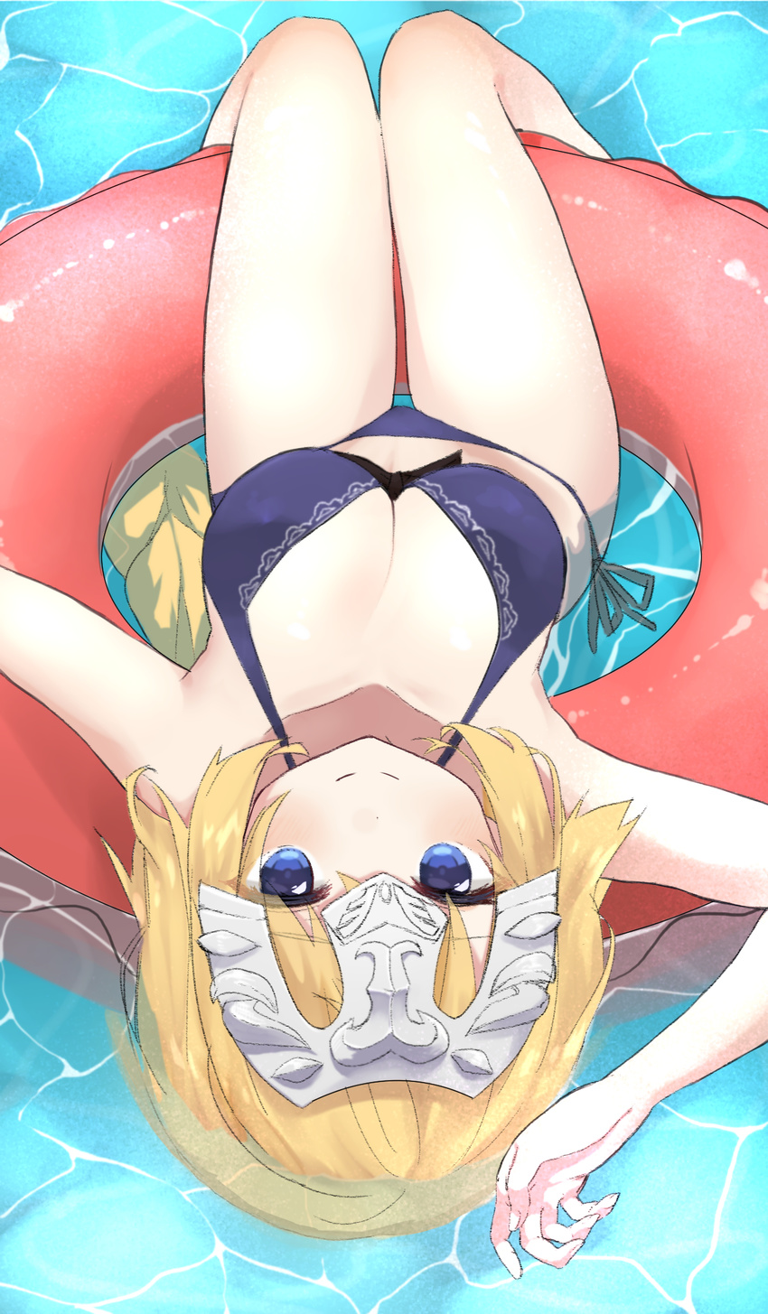 arm_up bad_id bad_pixiv_id bikini blonde_hair blue_eyes braid breasts cleavage closed_mouth fate/apocrypha fate_(series) front-tie_bikini front-tie_top headpiece highres innertube jeanne_d'arc_(fate) jeanne_d'arc_(fate)_(all) large_breasts long_hair looking_at_viewer nanase_noa partially_submerged purple_bikini reclining side-tie_bikini smile solo swimsuit upside-down